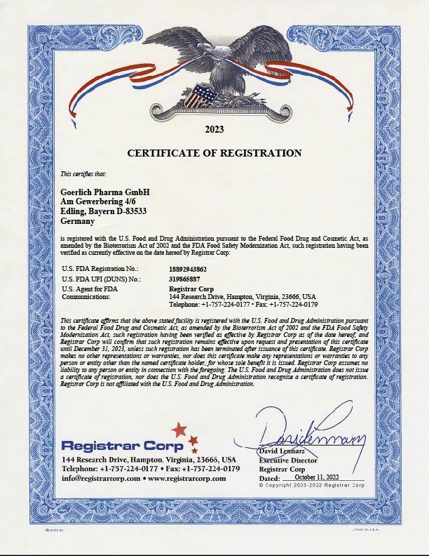 FDA Certificate | Goerlich Pharma